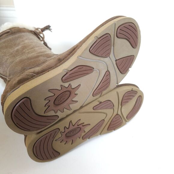 UGG Women’s Suburb Sweater Boots Brown Suede Sheepskin Tassel Mid Calf Size 5 - Picture 4 of 10